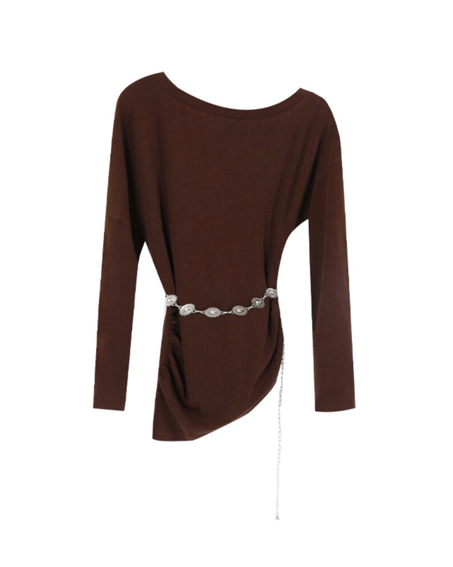 AIXILI Minimalist Asymmetrical Ruched Knit Top with Waist Chain
