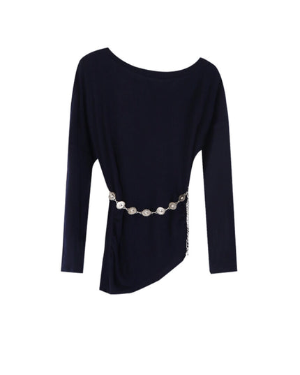 AIXILI Minimalist Asymmetrical Ruched Knit Top with Waist Chain
