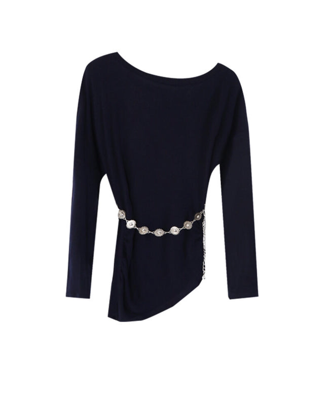 AIXILI Minimalist Asymmetrical Ruched Knit Top with Waist Chain