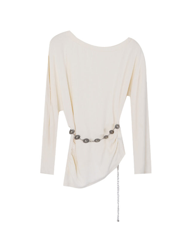AIXILI Minimalist Asymmetrical Ruched Knit Top with Waist Chain
