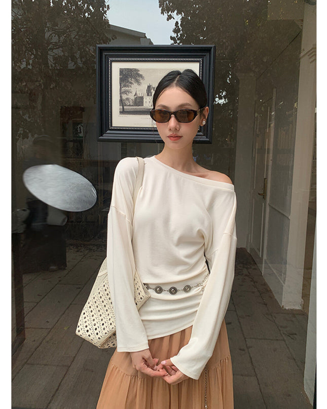 AIXILI Minimalist Asymmetrical Ruched Knit Top with Waist Chain