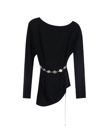 AIXILI Minimalist Asymmetrical Ruched Knit Top with Waist Chain