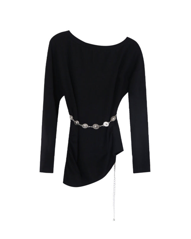 AIXILI Minimalist Asymmetrical Ruched Knit Top with Waist Chain