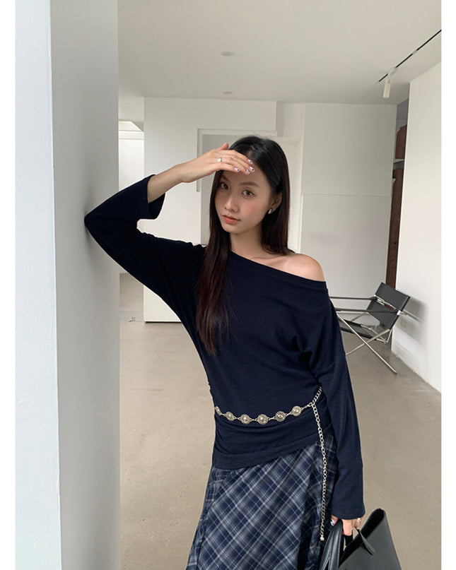 AIXILI Minimalist Asymmetrical Ruched Knit Top with Waist Chain