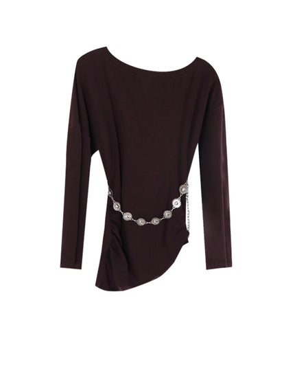 AIXILI Minimalist Asymmetrical Ruched Knit Top with Waist Chain