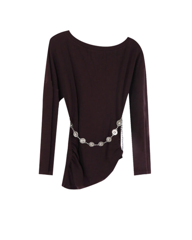 AIXILI Minimalist Asymmetrical Ruched Knit Top with Waist Chain