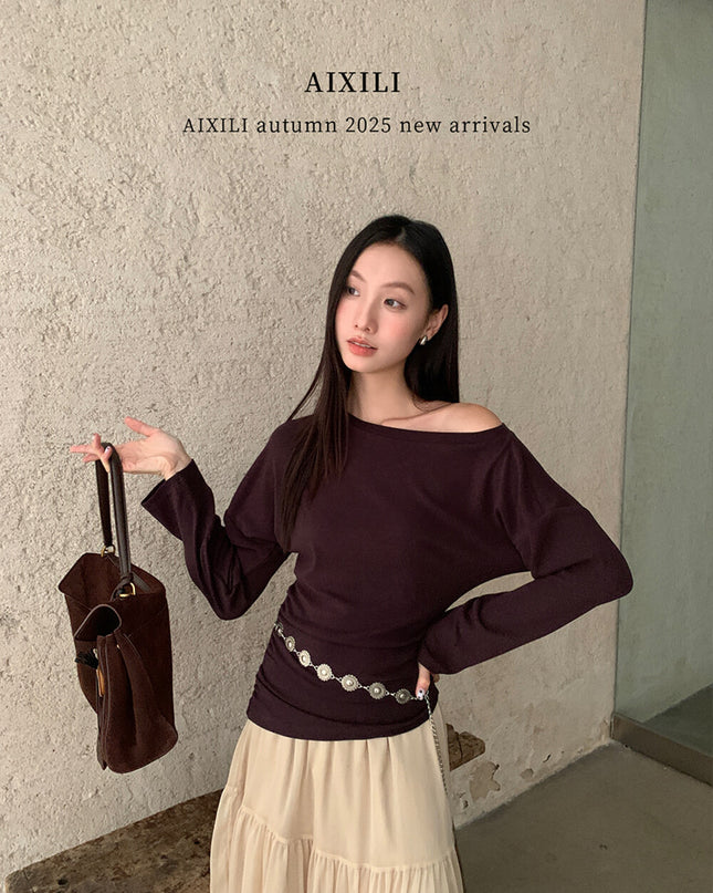 AIXILI Minimalist Asymmetrical Ruched Knit Top with Waist Chain