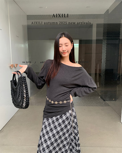 AIXILI Minimalist Asymmetrical Ruched Knit Top with Waist Chain