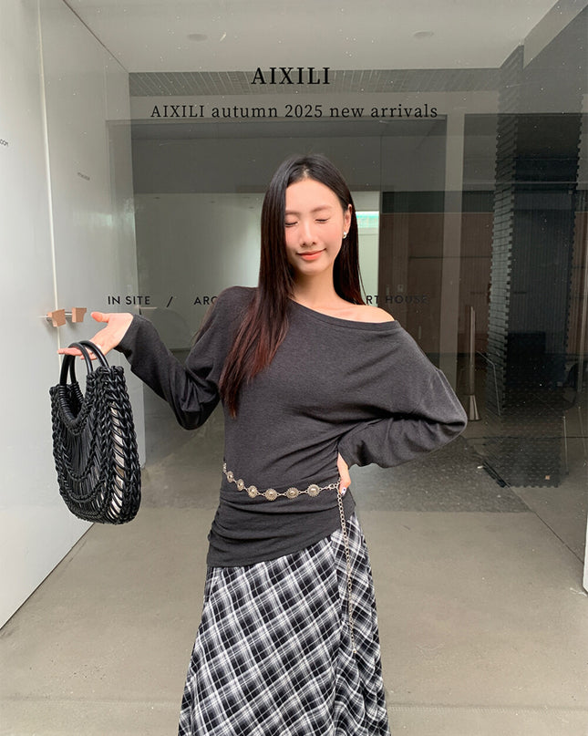 AIXILI Minimalist Asymmetrical Ruched Knit Top with Waist Chain
