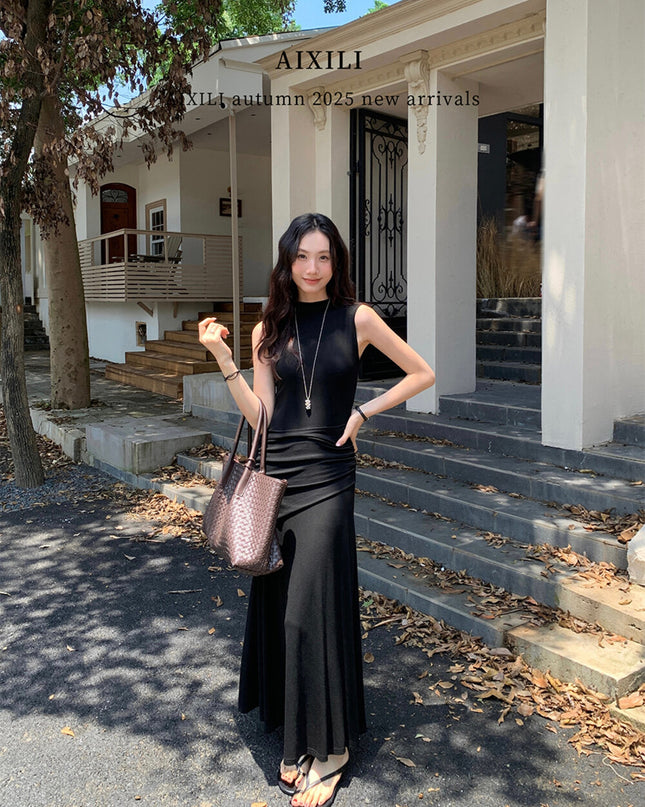 AIXILI Minimalist Ruched Seamless Layered Look Sleeveless Dress