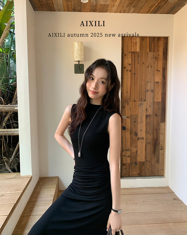 AIXILI Minimalist Ruched Seamless Layered Look Sleeveless Dress