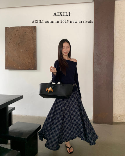 AIXILI Vintage Plaid Asymmetrical Ruffle Midi Skirt