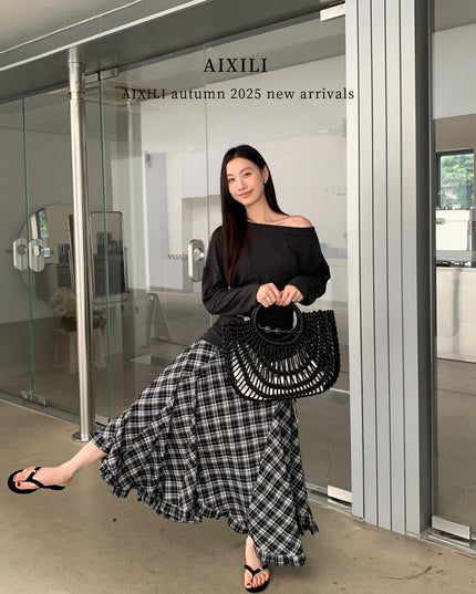 AIXILI Vintage Plaid Asymmetrical Ruffle Midi Skirt