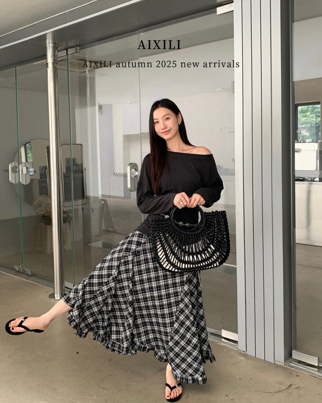 AIXILI Vintage Plaid Asymmetrical Ruffle Midi Skirt