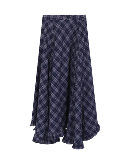 AIXILI Vintage Plaid Asymmetrical Ruffle Midi Skirt