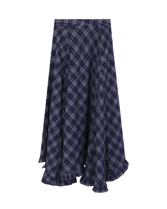 AIXILI Vintage Plaid Asymmetrical Ruffle Midi Skirt