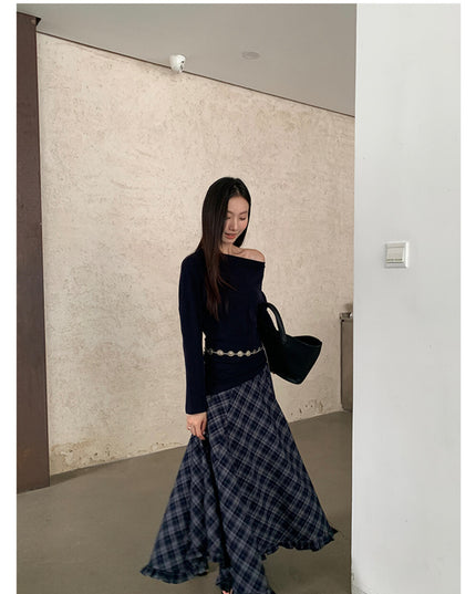 AIXILI Vintage Plaid Asymmetrical Ruffle Midi Skirt