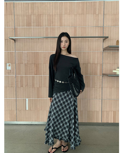 AIXILI Vintage Plaid Asymmetrical Ruffle Midi Skirt