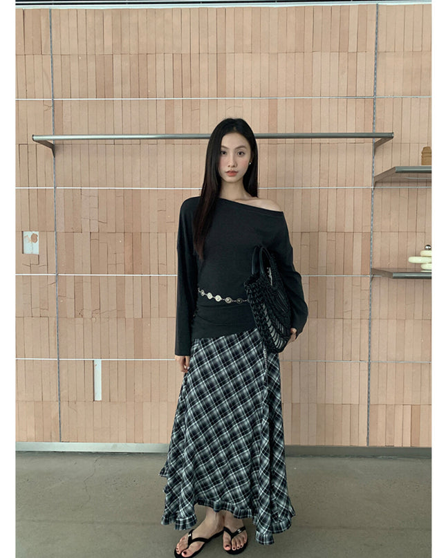 AIXILI Vintage Plaid Asymmetrical Ruffle Midi Skirt
