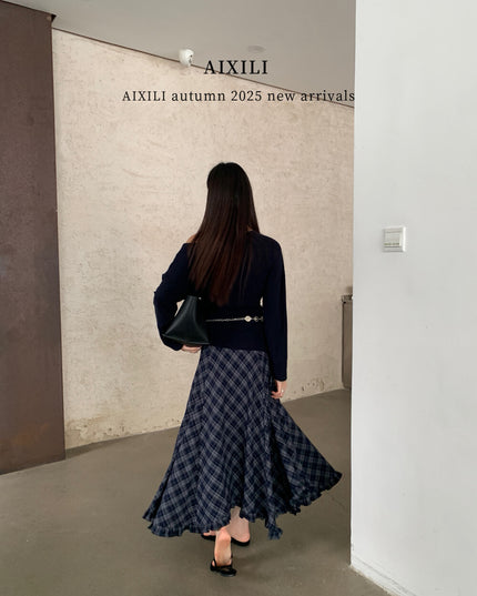 AIXILI Vintage Plaid Asymmetrical Ruffle Midi Skirt