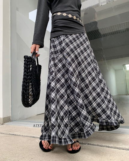 AIXILI Vintage Plaid Asymmetrical Ruffle Midi Skirt