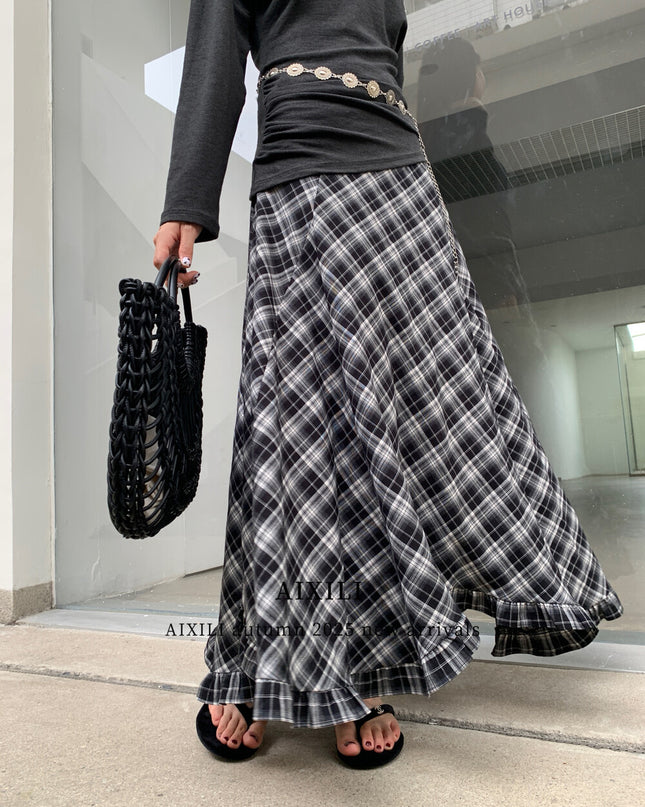 AIXILI Vintage Plaid Asymmetrical Ruffle Midi Skirt