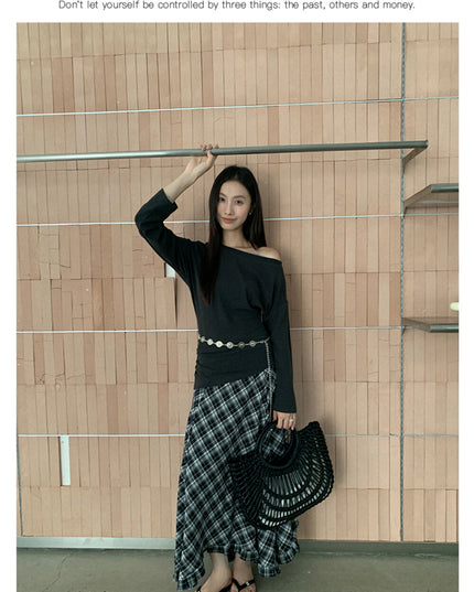 AIXILI Vintage Plaid Asymmetrical Ruffle Midi Skirt