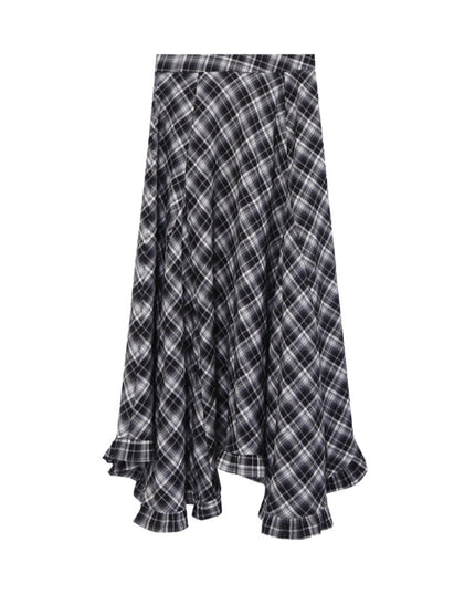 AIXILI Vintage Plaid Asymmetrical Ruffle Midi Skirt