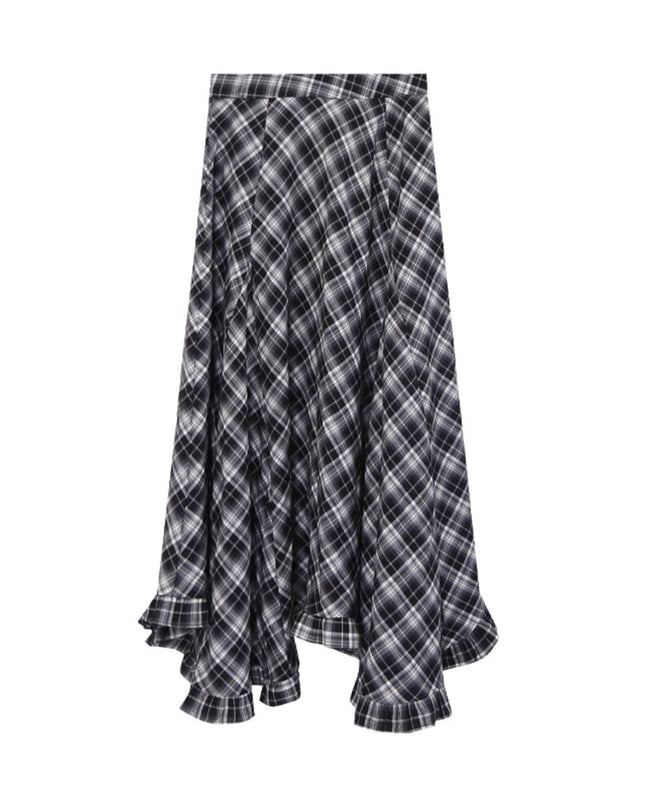 AIXILI Vintage Plaid Asymmetrical Ruffle Midi Skirt