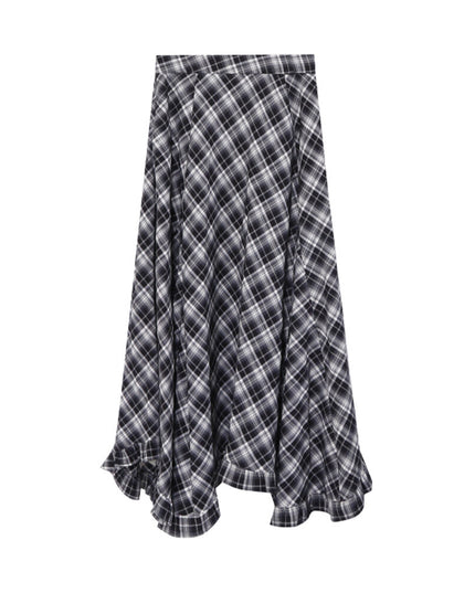 AIXILI Vintage Plaid Asymmetrical Ruffle Midi Skirt