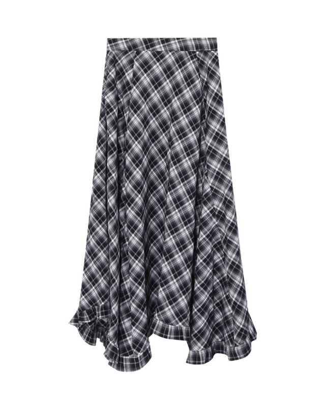 AIXILI Vintage Plaid Asymmetrical Ruffle Midi Skirt