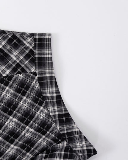 AIXILI Vintage Plaid Asymmetrical Ruffle Midi Skirt