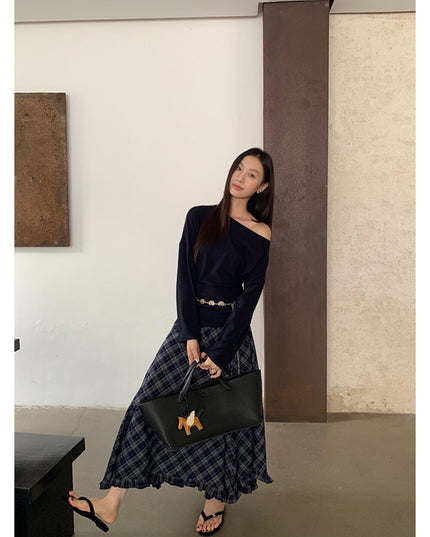 AIXILI Vintage Plaid Asymmetrical Ruffle Midi Skirt
