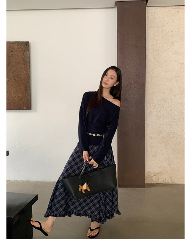 AIXILI Vintage Plaid Asymmetrical Ruffle Midi Skirt