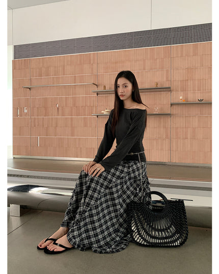 AIXILI Vintage Plaid Asymmetrical Ruffle Midi Skirt