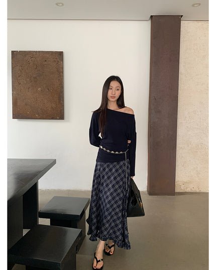 AIXILI Vintage Plaid Asymmetrical Ruffle Midi Skirt