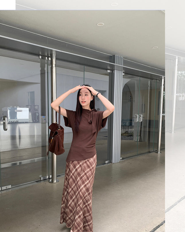 AIXILI Premium Asymmetrical Short-Sleeve Blouse with Ribbon