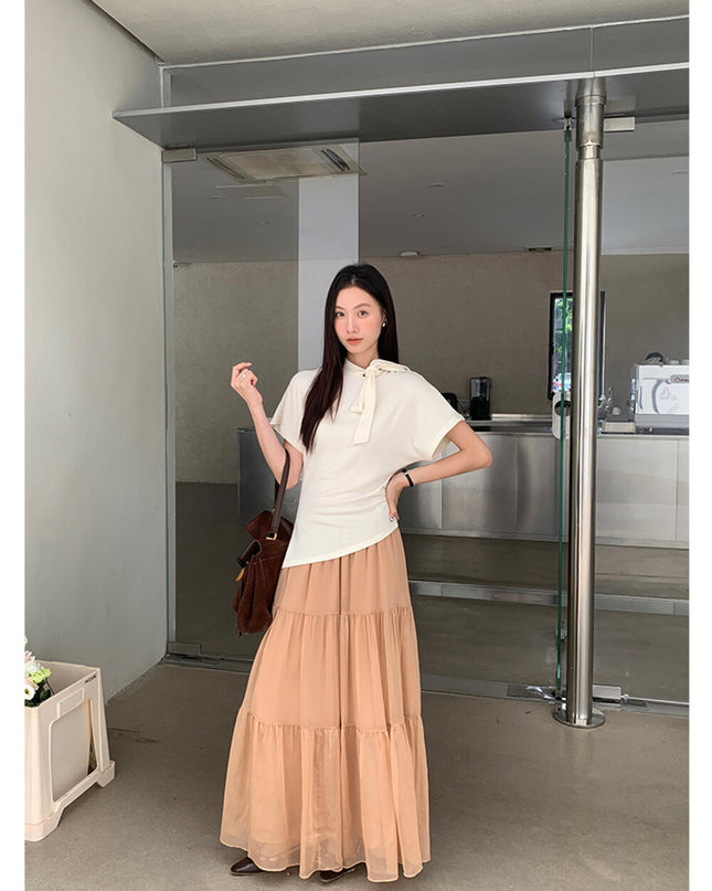 AIXILI Premium Asymmetrical Short-Sleeve Blouse with Ribbon