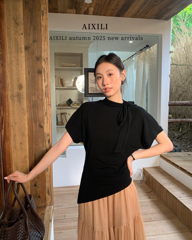 AIXILI Premium Asymmetrical Short-Sleeve Blouse with Ribbon