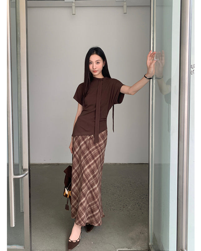 AIXILI Premium Asymmetrical Short-Sleeve Blouse with Ribbon