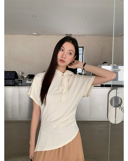 AIXILI Premium Asymmetrical Short-Sleeve Blouse with Ribbon