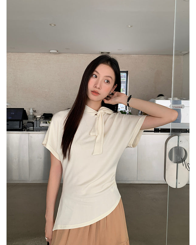 AIXILI Premium Asymmetrical Short-Sleeve Blouse with Ribbon