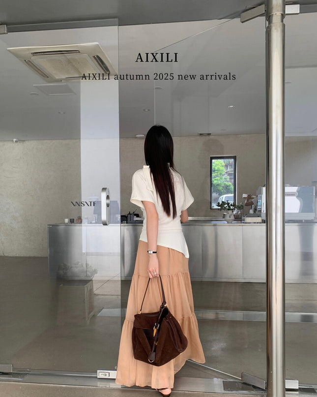 AIXILI Premium Asymmetrical Short-Sleeve Blouse with Ribbon