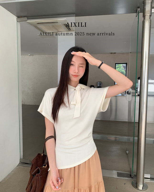 AIXILI Premium Asymmetrical Short-Sleeve Blouse with Ribbon