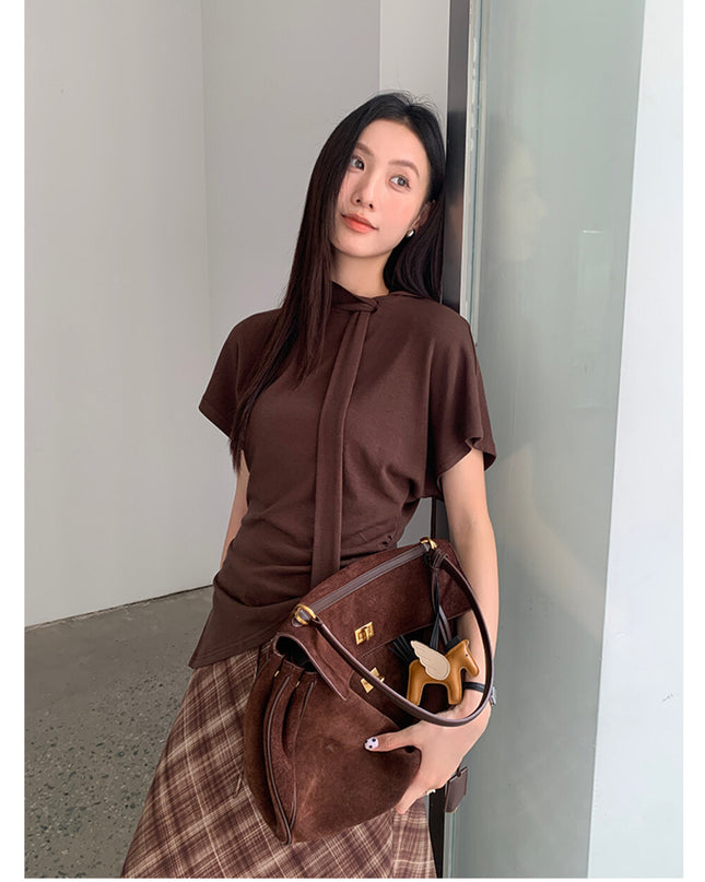 AIXILI Premium Asymmetrical Short-Sleeve Blouse with Ribbon