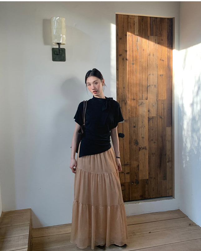 AIXILI Premium Asymmetrical Short-Sleeve Blouse with Ribbon