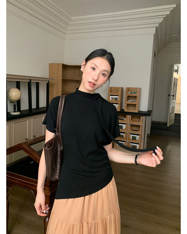AIXILI Premium Asymmetrical Short-Sleeve Blouse with Ribbon