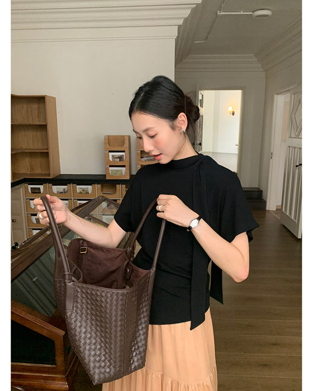 AIXILI Premium Asymmetrical Short-Sleeve Blouse with Ribbon