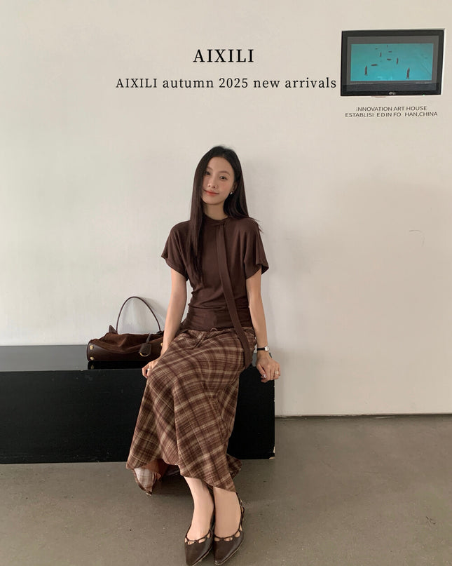 AIXILI Premium Asymmetrical Short-Sleeve Blouse with Ribbon