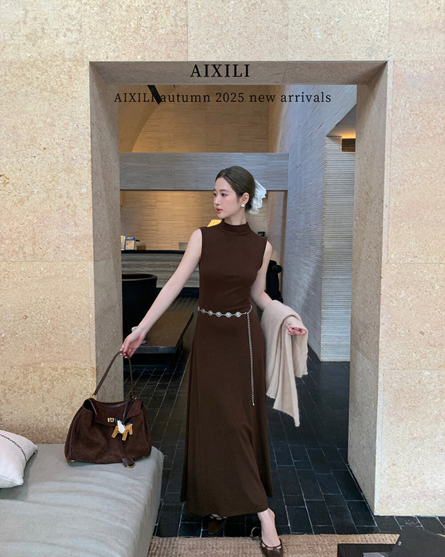 AIXILI High-Neck Draped Slim Fit Layering Dress